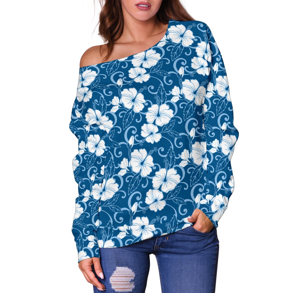 Hibiscus Blue Flower Hawaiian Print Off Shoulder Sweatshirt