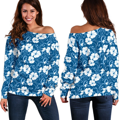 Hibiscus Blue Flower Hawaiian Print Off Shoulder Sweatshirt