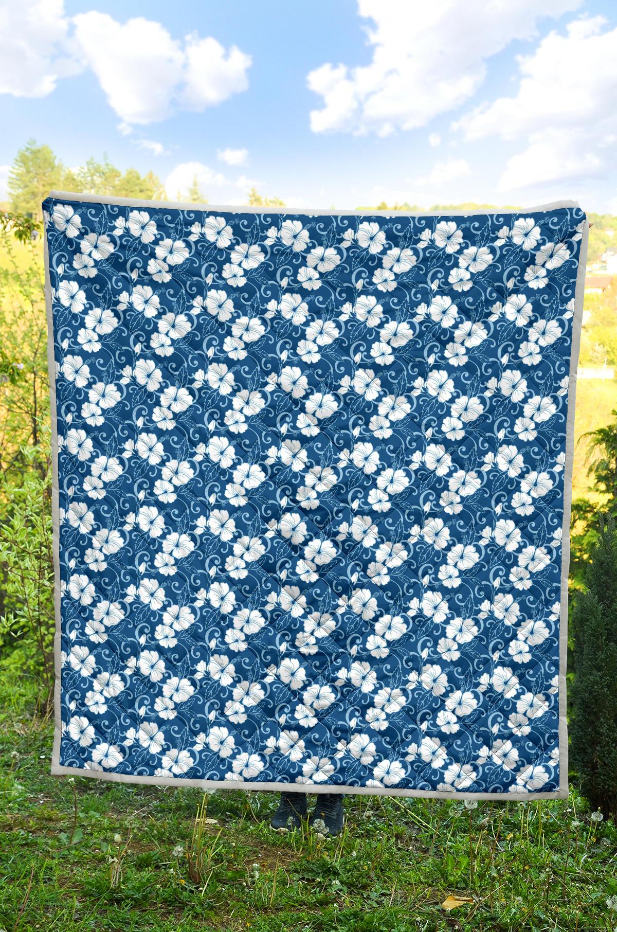Hibiscus Blue Flower Hawaiian Print Premium Quilt-JTAMIGO.COM