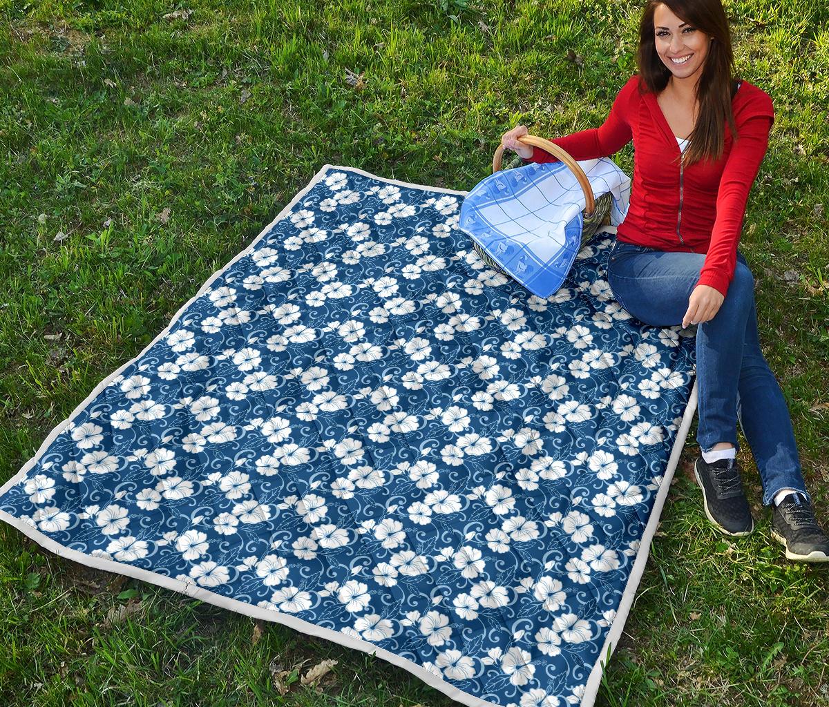 Hibiscus Blue Flower Hawaiian Print Premium Quilt-JTAMIGO.COM