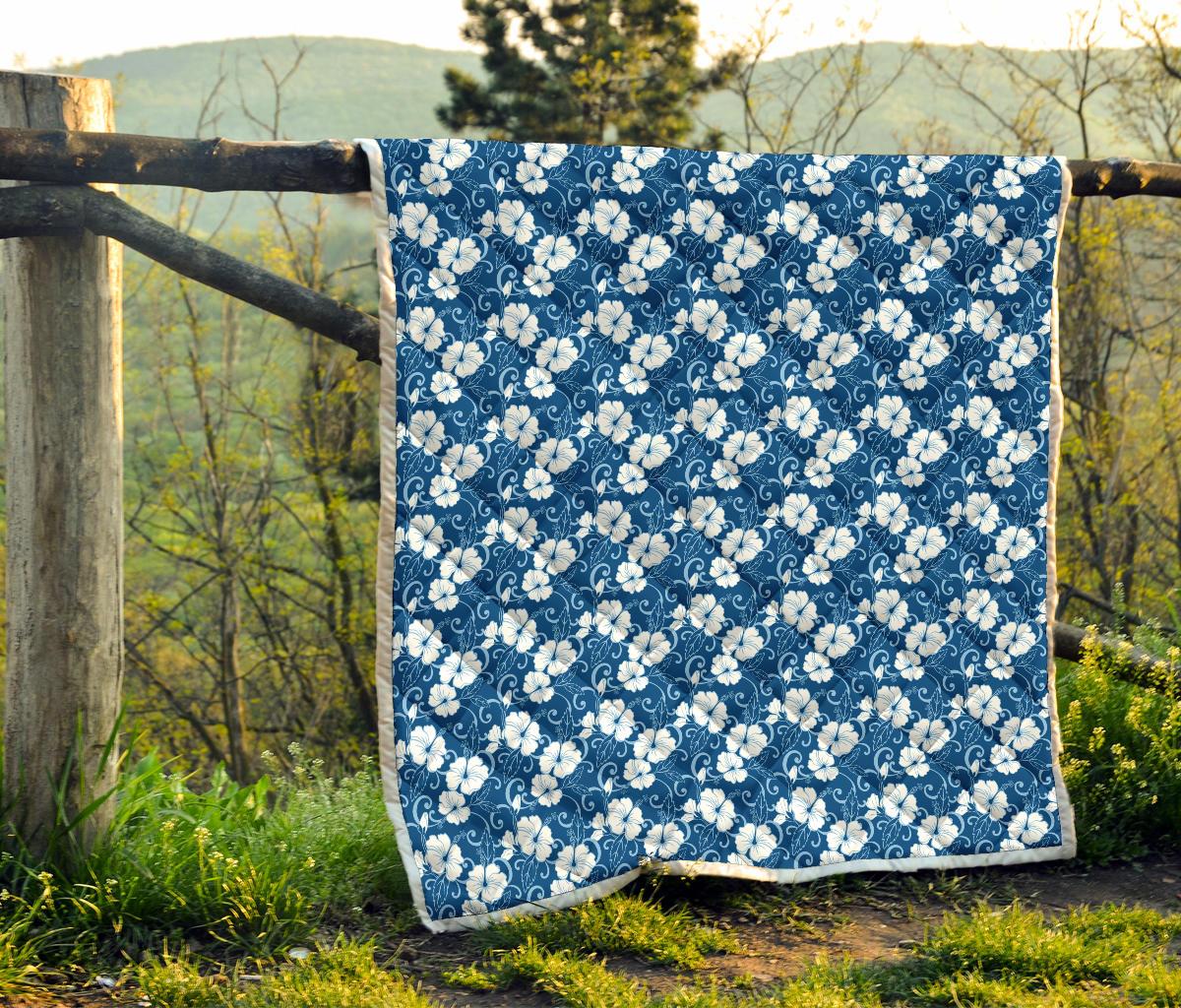 Hibiscus Blue Flower Hawaiian Print Premium Quilt-JTAMIGO.COM