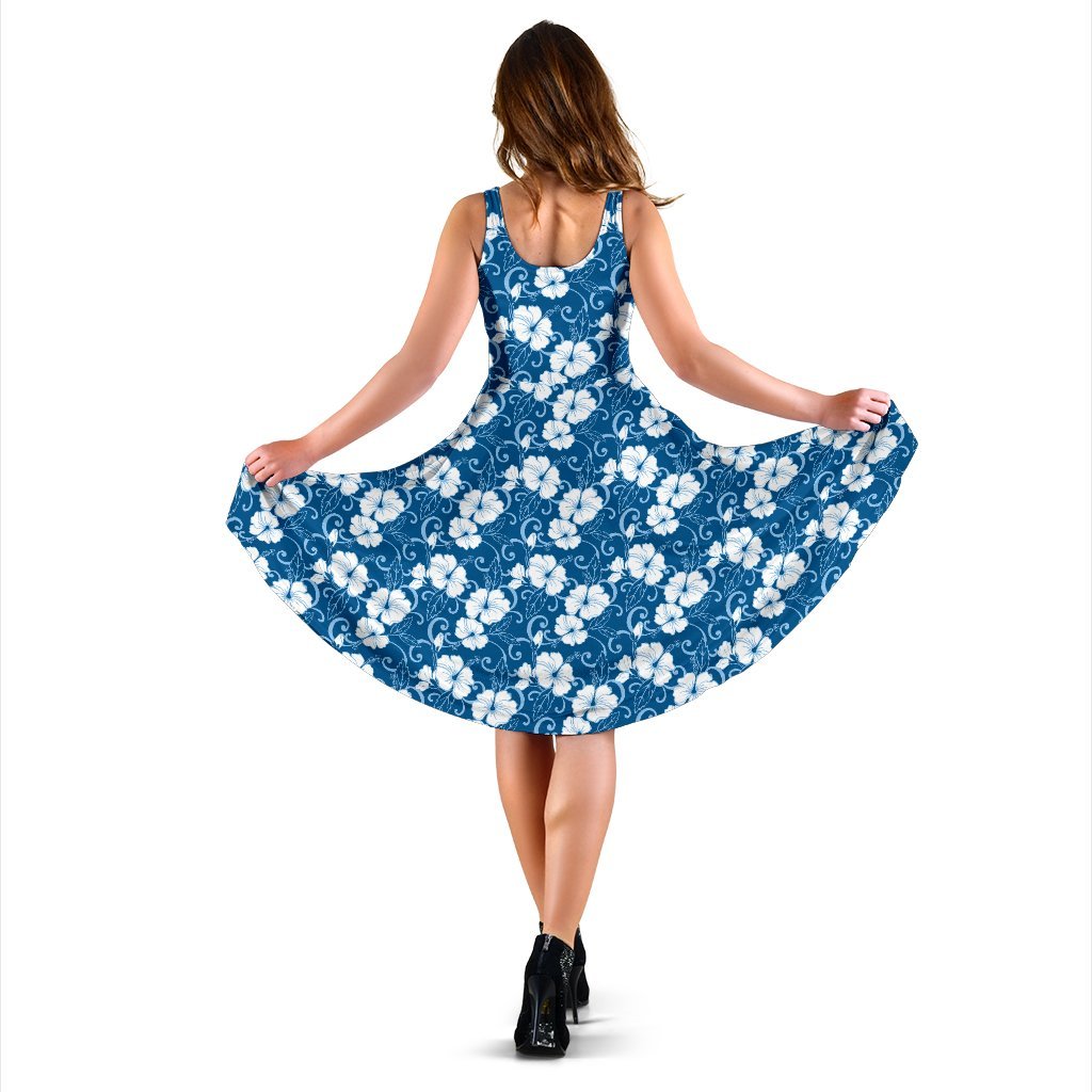 Hibiscus Blue Flower Hawaiian Print Sleeveless Dress