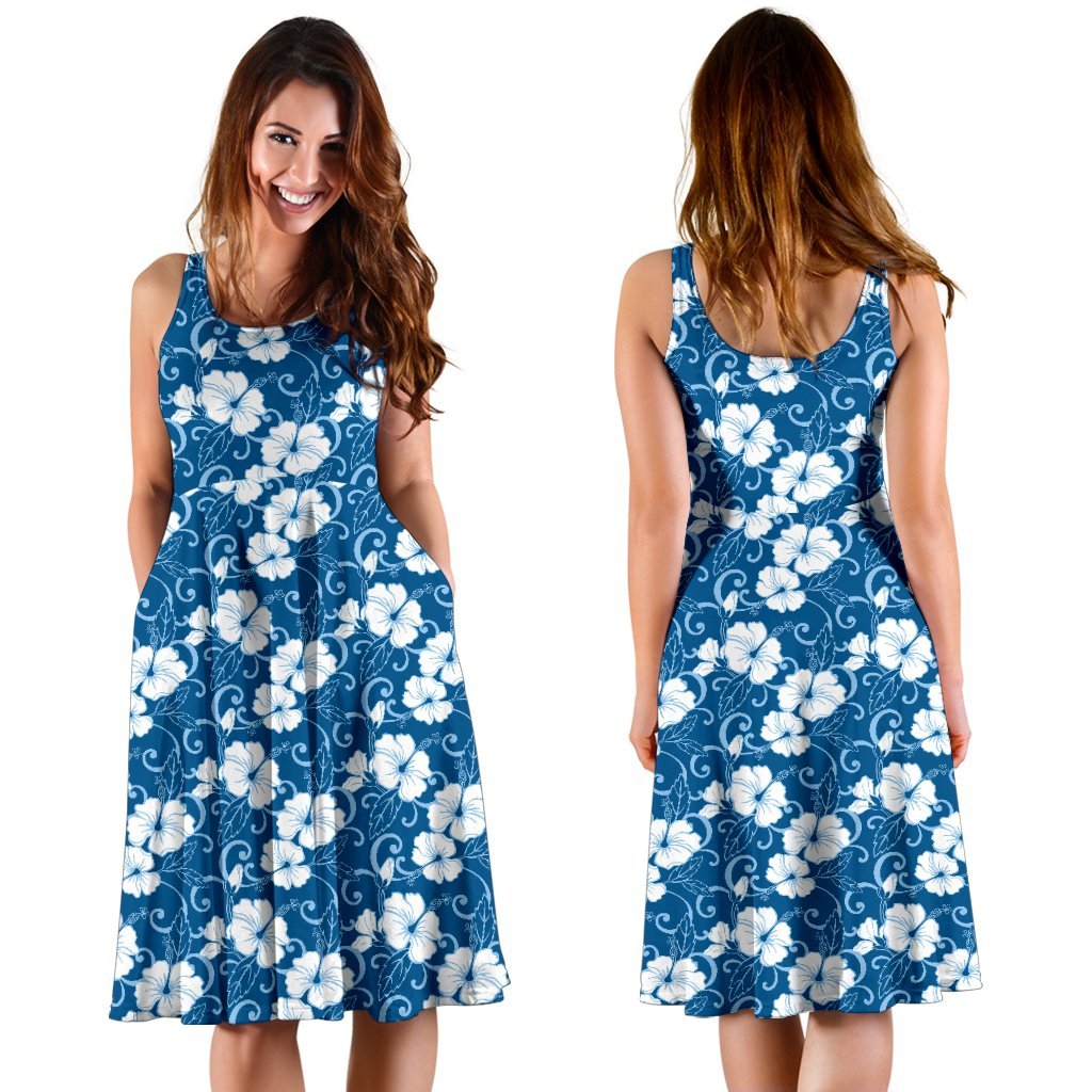 Hibiscus Blue Flower Hawaiian Print Sleeveless Dress