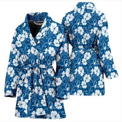 Hibiscus Blue Flower Hawaiian Print Women Bath Robe-JTAMIGO.COM