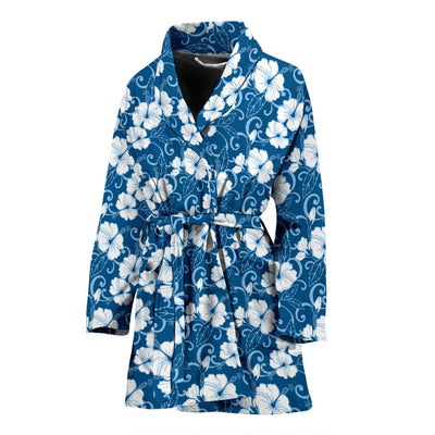 Hibiscus Blue Flower Hawaiian Print Women Bath Robe-JTAMIGO.COM