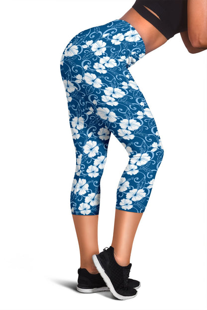 Hibiscus Blue Flower Hawaiian Print Women Capris