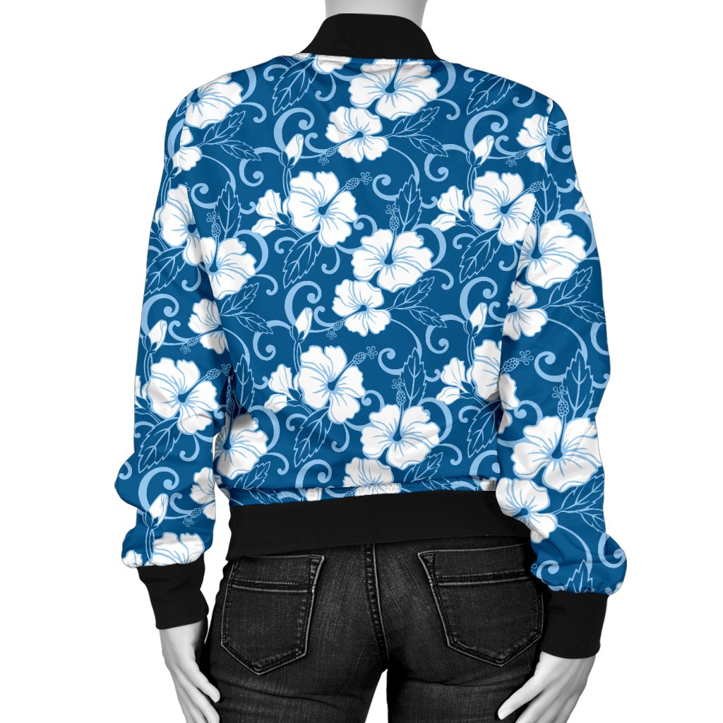 Hibiscus Blue Flower Hawaiian Print Women Casual Bomber Jacket