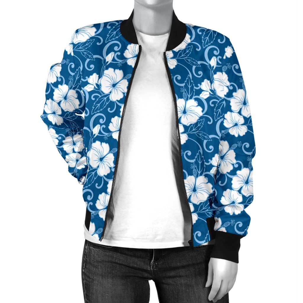 Hibiscus Blue Flower Hawaiian Print Women Casual Bomber Jacket