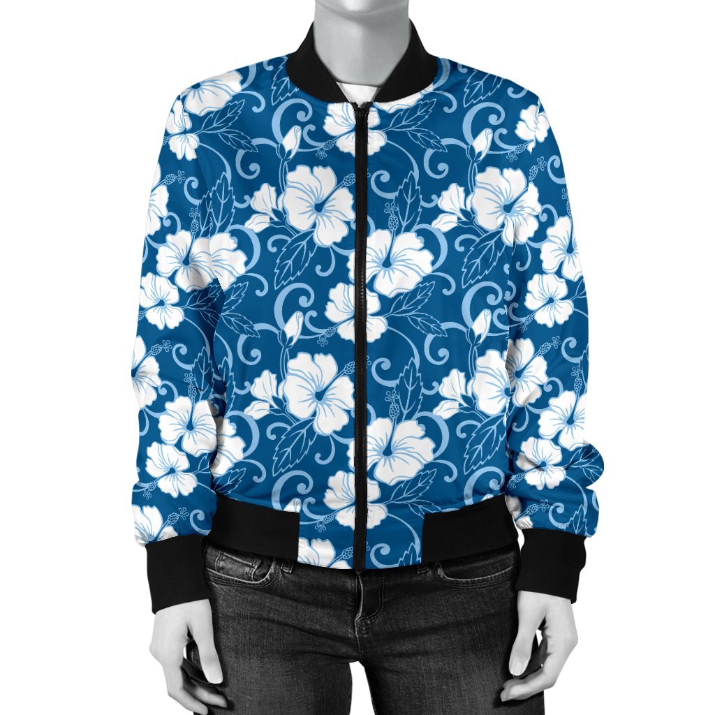 Hibiscus Blue Flower Hawaiian Print Women Casual Bomber Jacket