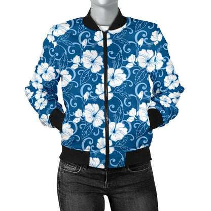 Hibiscus Blue Flower Hawaiian Print Women Casual Bomber Jacket