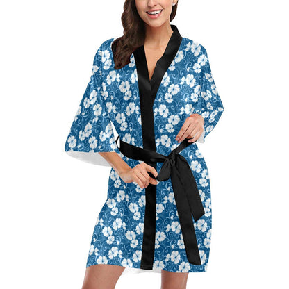 Hibiscus Blue Flower Hawaiian Print Women Short Kimono Robe