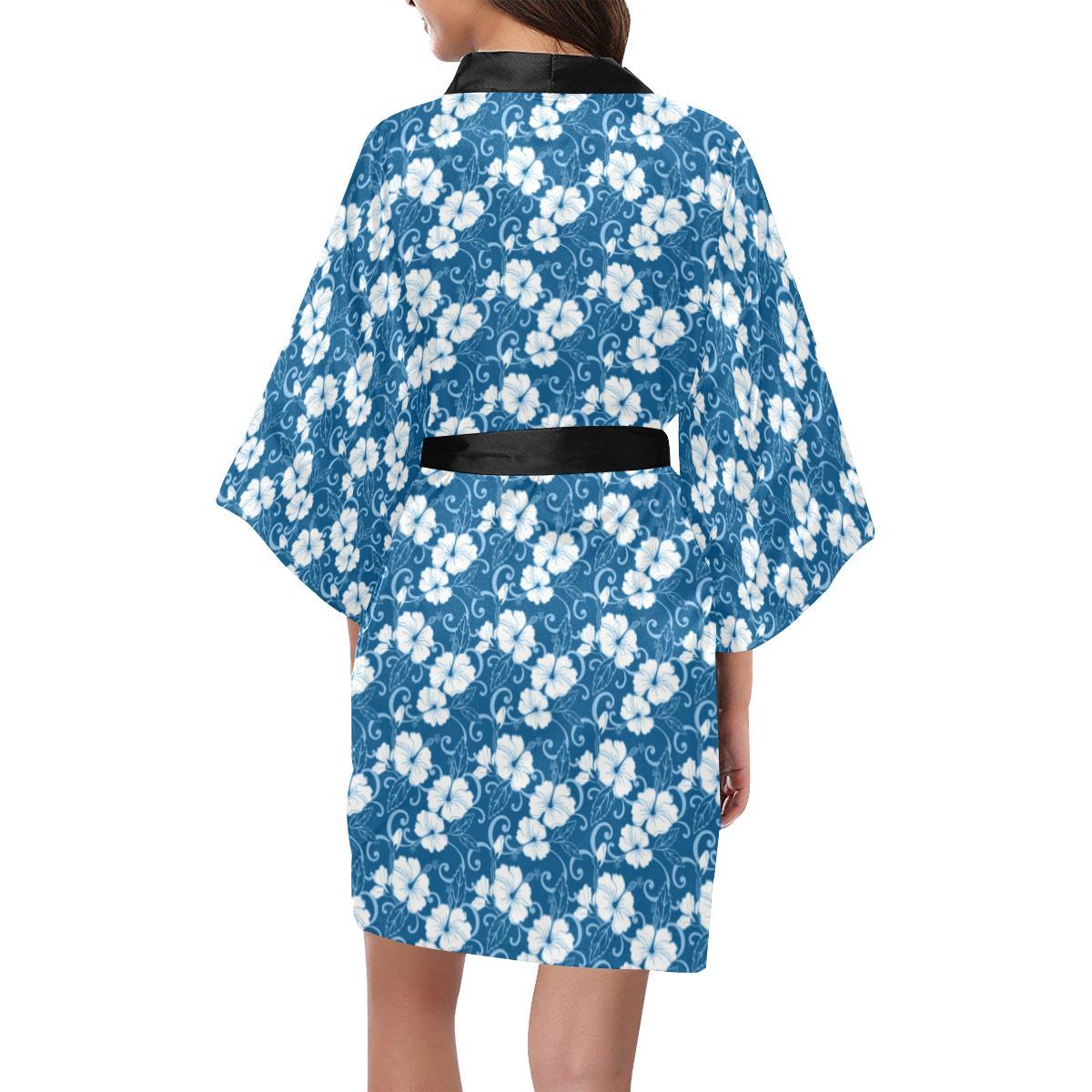 Hibiscus Blue Flower Hawaiian Print Women Short Kimono Robe