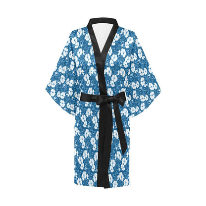 Hibiscus Blue Flower Hawaiian Print Women Short Kimono Robe