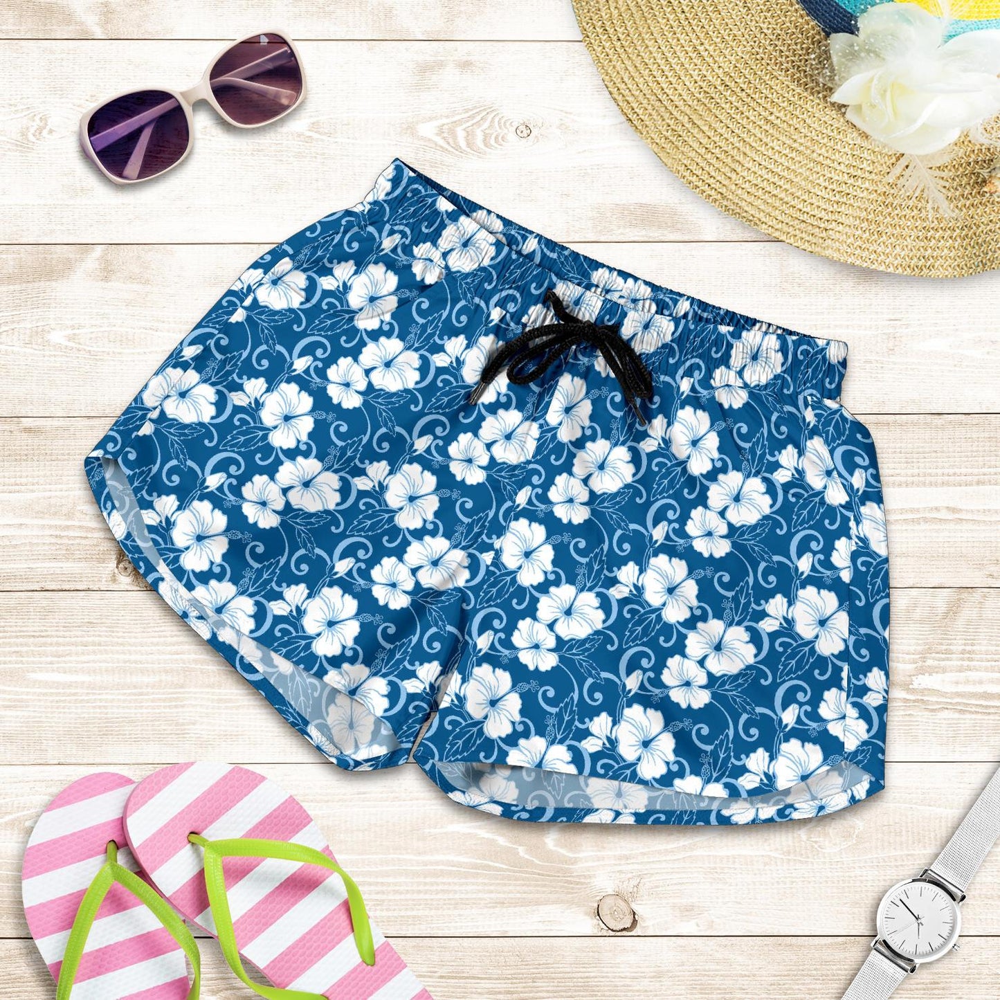 Hibiscus Blue Flower Hawaiian Print Women Shorts-JTAMIGO.COM