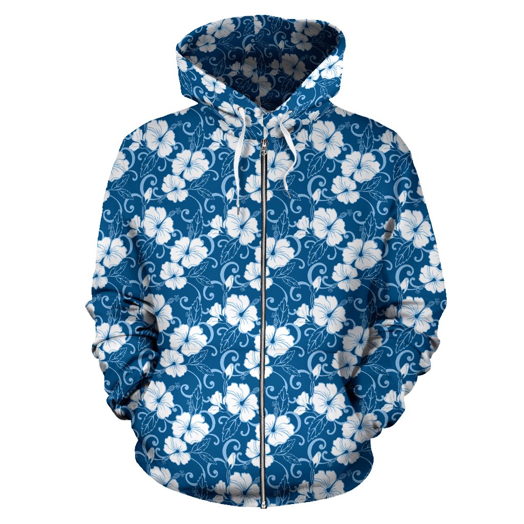 Hibiscus Blue Flower Hawaiian Print Zip Up Hoodie