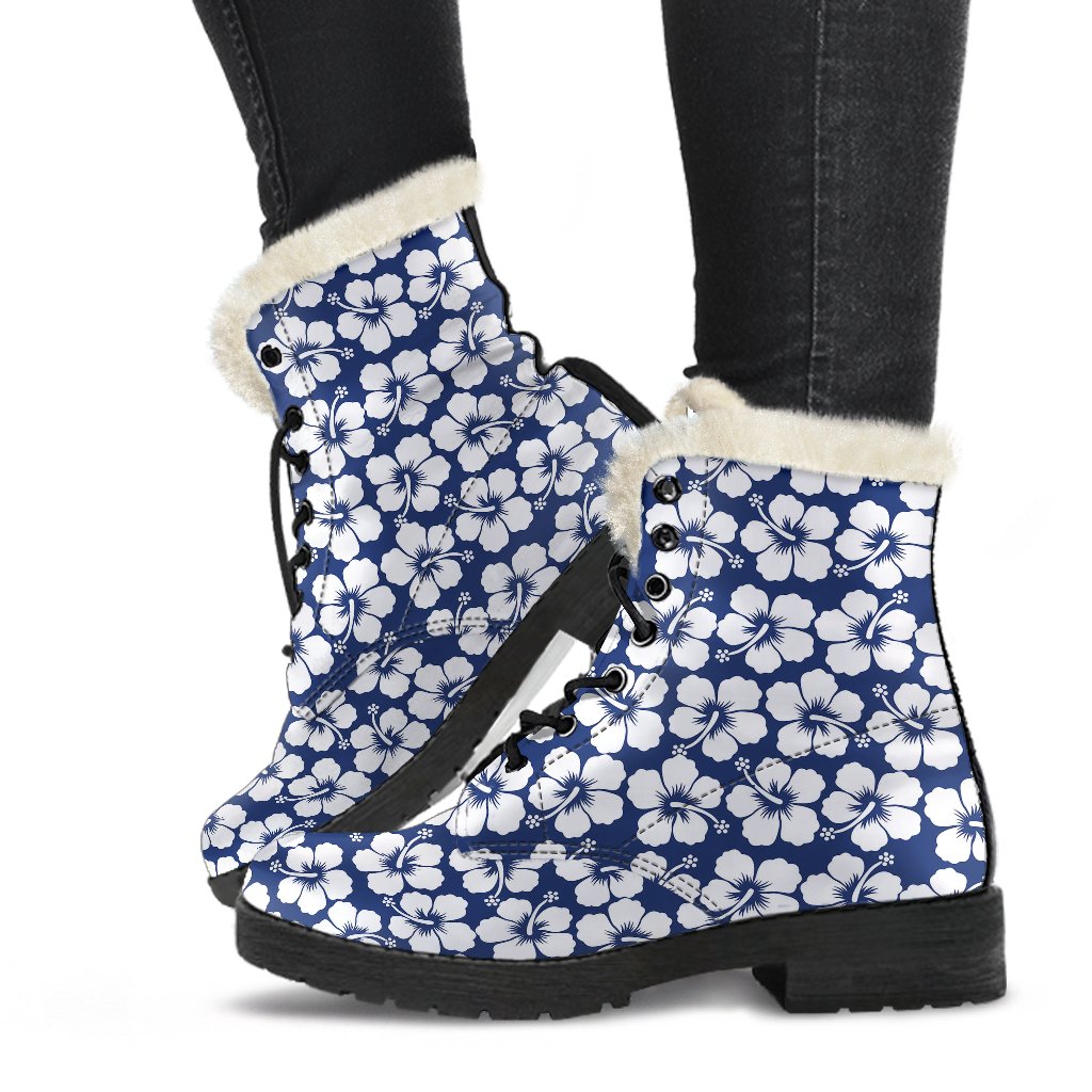 Hibiscus Blue Hawaiian Flower Pattern Faux Fur Leather Boots-JTAMIGO.COM