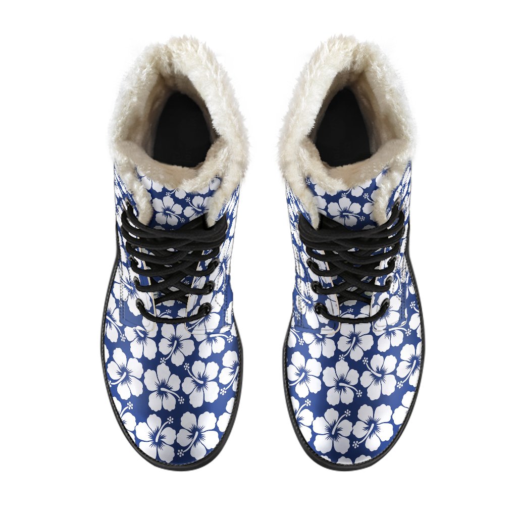 Hibiscus Blue Hawaiian Flower Pattern Faux Fur Leather Boots-JTAMIGO.COM