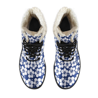 Hibiscus Blue Hawaiian Flower Pattern Faux Fur Leather Boots-JTAMIGO.COM