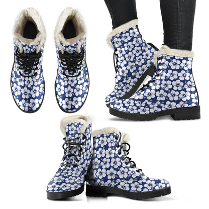 Hibiscus Blue Hawaiian Flower Pattern Faux Fur Leather Boots-JTAMIGO.COM
