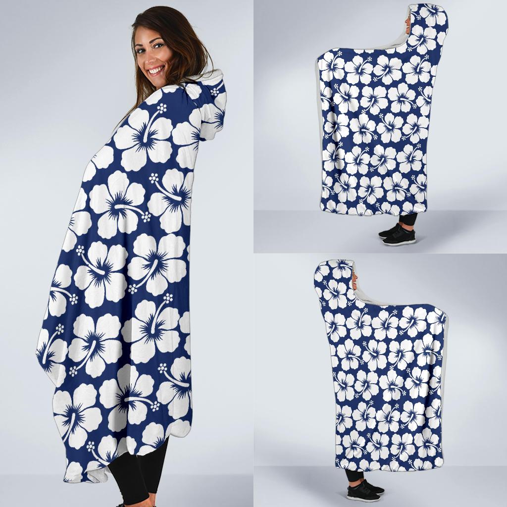 Hibiscus Blue Hawaiian Flower Pattern Hooded Blanket-JTAMIGO.COM