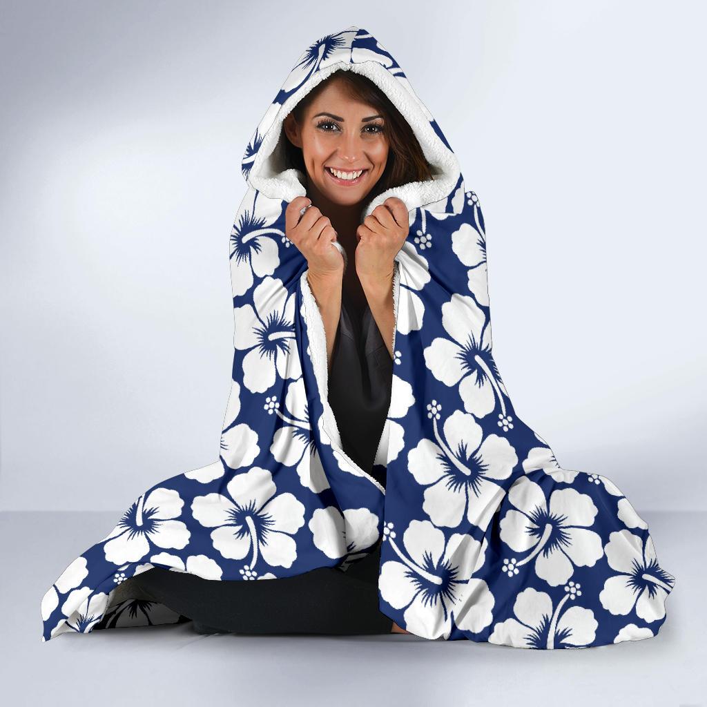 Hibiscus Blue Hawaiian Flower Pattern Hooded Blanket-JTAMIGO.COM