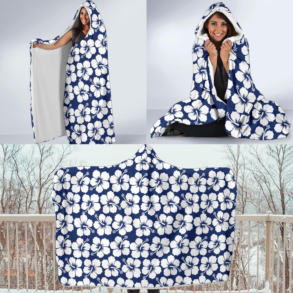 Hibiscus Blue Hawaiian Flower Pattern Hooded Blanket-JTAMIGO.COM