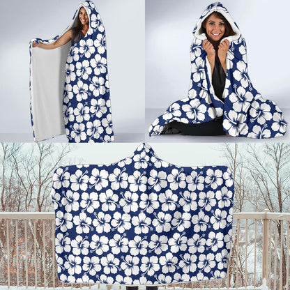 Hibiscus Blue Hawaiian Flower Pattern Hooded Blanket-JTAMIGO.COM