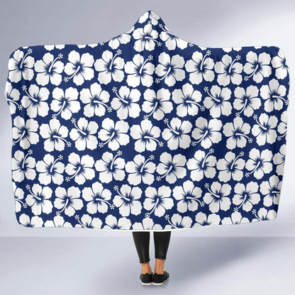 Hibiscus Blue Hawaiian Flower Pattern Hooded Blanket-JTAMIGO.COM