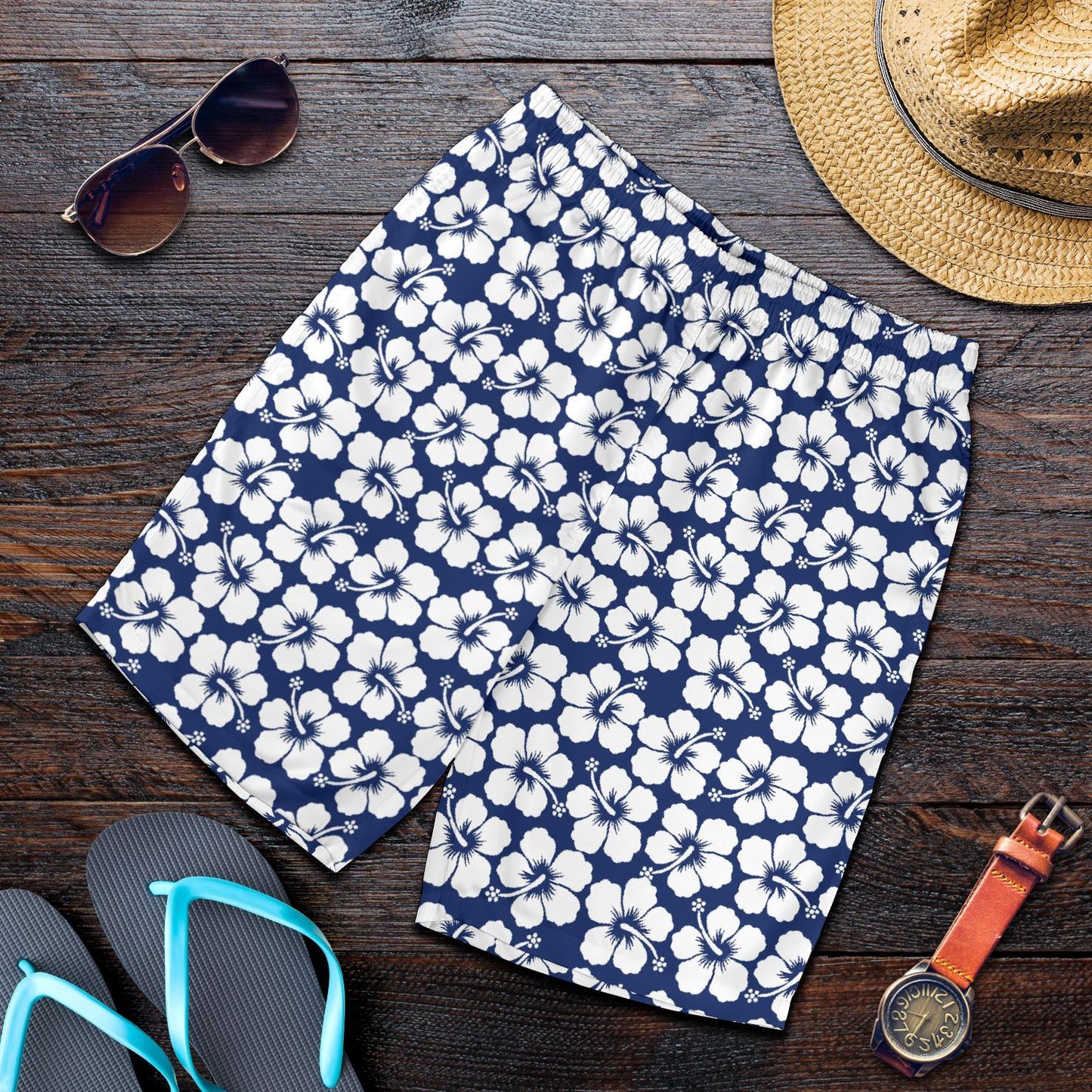 Hibiscus Blue Hawaiian Flower Pattern Mens Shorts-JTAMIGO.COM