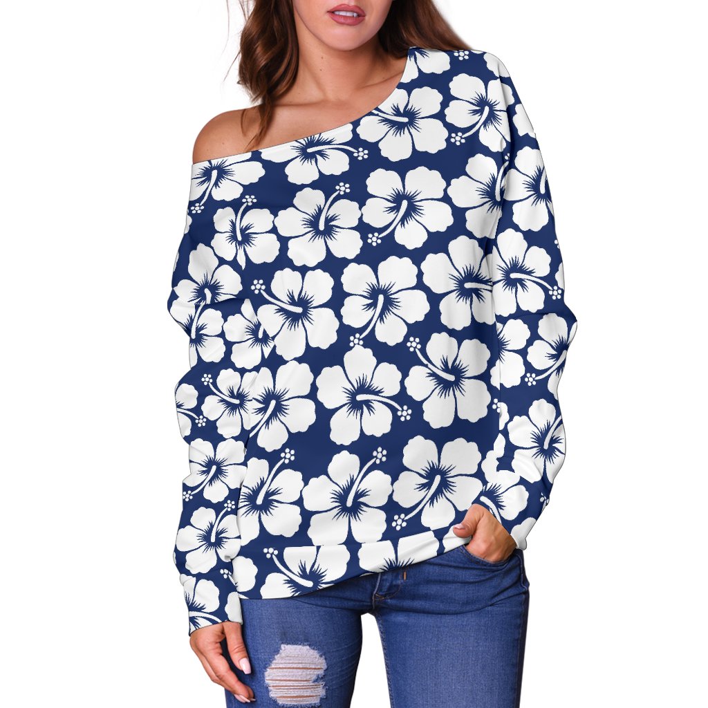 Hibiscus Blue Hawaiian Flower Pattern Off Shoulder Sweatshirt