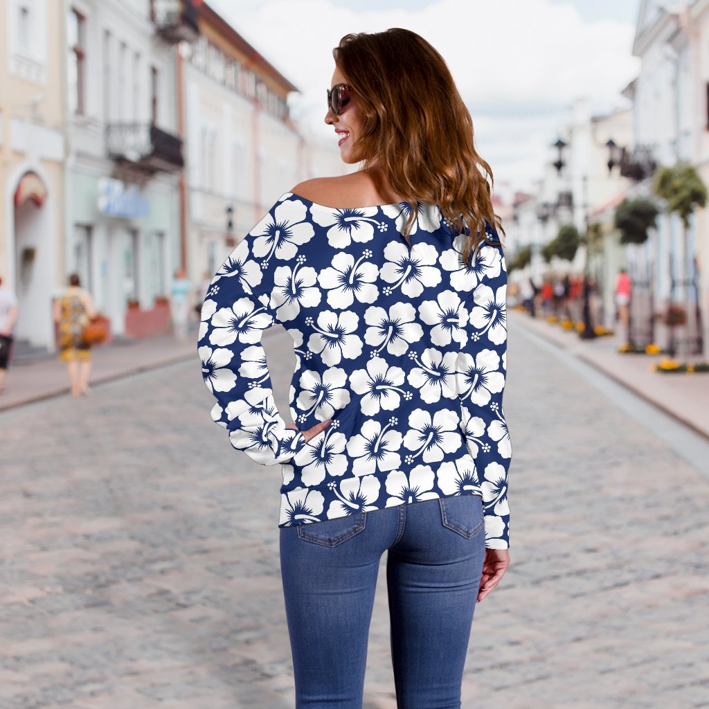 Hibiscus Blue Hawaiian Flower Pattern Off Shoulder Sweatshirt