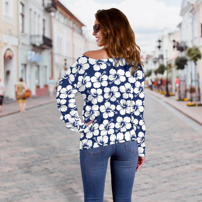 Hibiscus Blue Hawaiian Flower Pattern Off Shoulder Sweatshirt