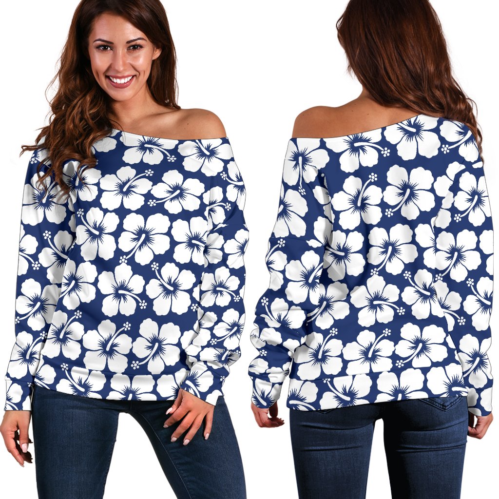 Hibiscus Blue Hawaiian Flower Pattern Off Shoulder Sweatshirt