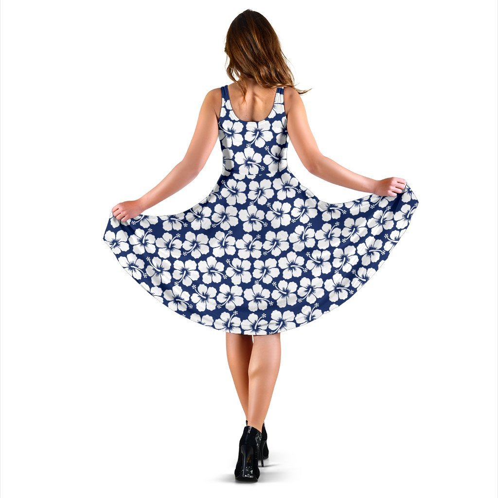 Hibiscus Blue Hawaiian Flower Pattern Sleeveless Dress