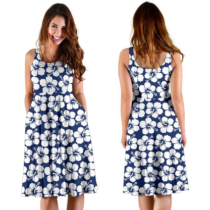 Hibiscus Blue Hawaiian Flower Pattern Sleeveless Dress
