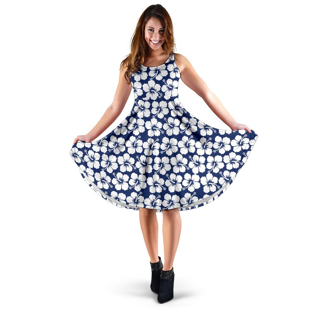 Hibiscus Blue Hawaiian Flower Pattern Sleeveless Dress