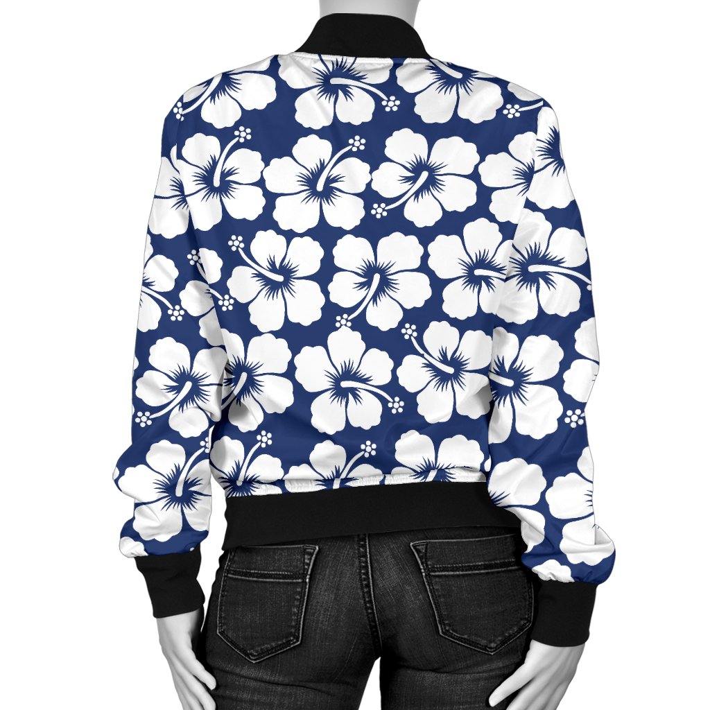 Hibiscus Blue Hawaiian Flower Pattern Women Casual Bomber Jacket