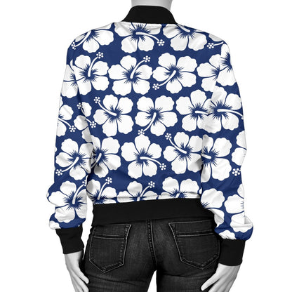 Hibiscus Blue Hawaiian Flower Pattern Women Casual Bomber Jacket
