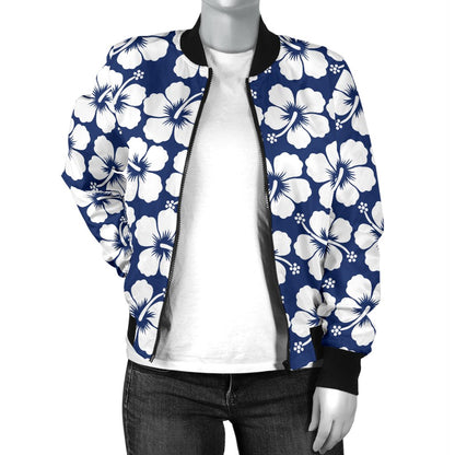 Hibiscus Blue Hawaiian Flower Pattern Women Casual Bomber Jacket