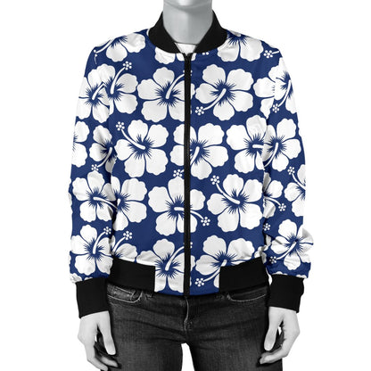 Hibiscus Blue Hawaiian Flower Pattern Women Casual Bomber Jacket