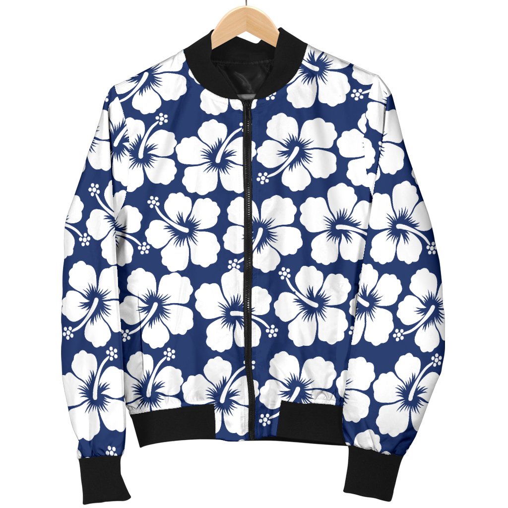 Hibiscus Blue Hawaiian Flower Pattern Women Casual Bomber Jacket