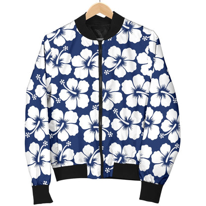 Hibiscus Blue Hawaiian Flower Pattern Women Casual Bomber Jacket