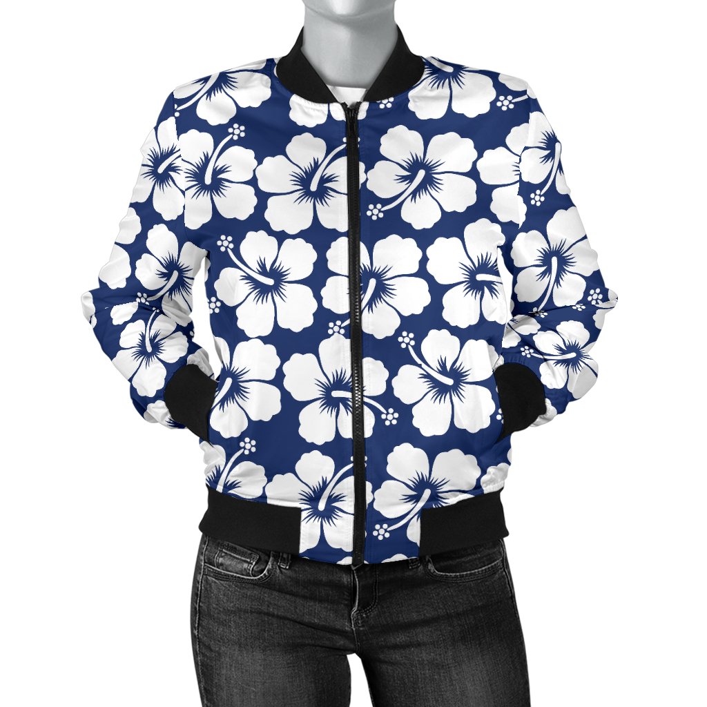 Hibiscus Blue Hawaiian Flower Pattern Women Casual Bomber Jacket