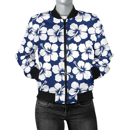 Hibiscus Blue Hawaiian Flower Pattern Women Casual Bomber Jacket