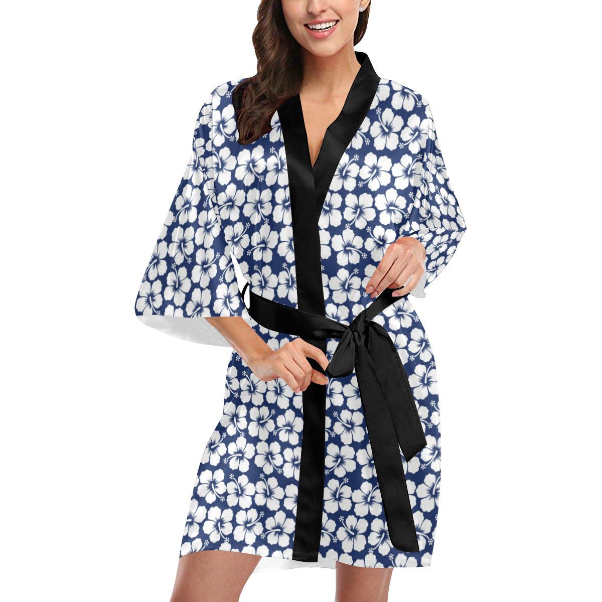 Hibiscus Blue Hawaiian Flower Pattern Women Short Kimono Robe