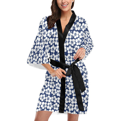 Hibiscus Blue Hawaiian Flower Pattern Women Short Kimono Robe