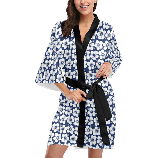 Hibiscus Blue Hawaiian Flower Pattern Women Short Kimono Robe