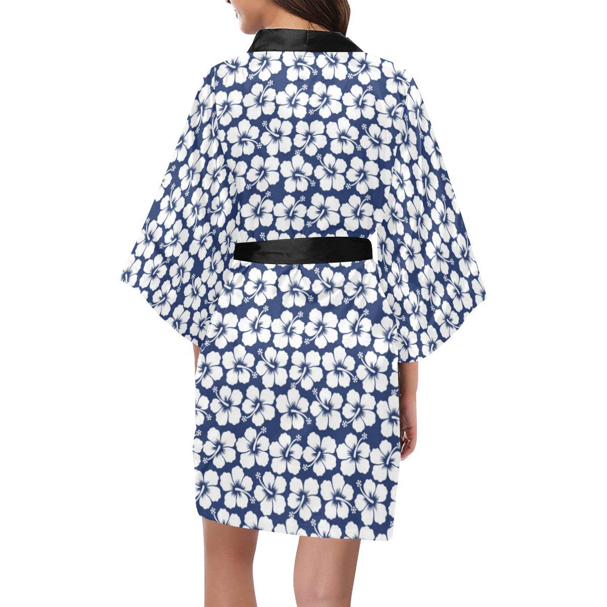 Hibiscus Blue Hawaiian Flower Pattern Women Short Kimono Robe
