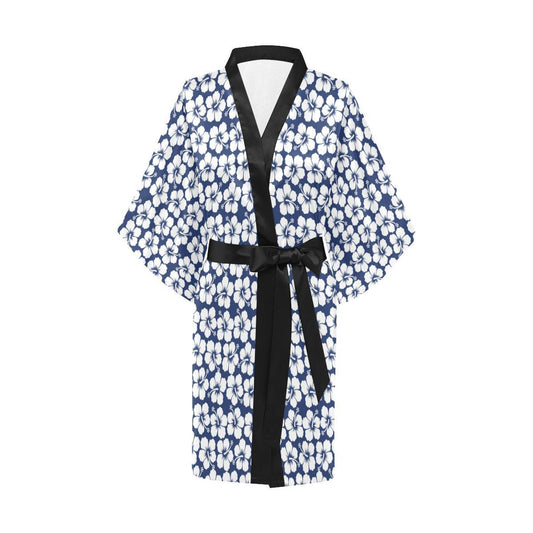 Hibiscus Blue Hawaiian Flower Pattern Women Short Kimono Robe