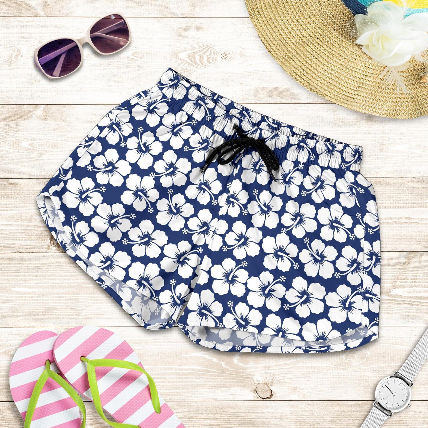Hibiscus Blue Hawaiian Flower Pattern Women Shorts-JTAMIGO.COM